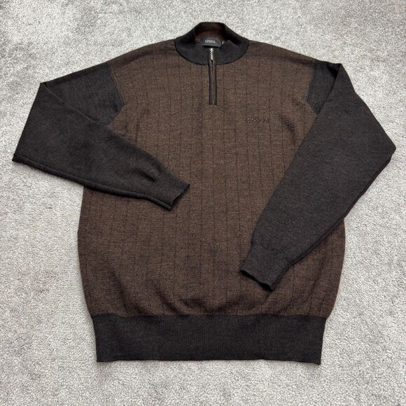 Erdos Wool 1/4 Zip Beaded Pullover Sweater Mens Medium Brown Colorblock Striped - Picture 1 of 13